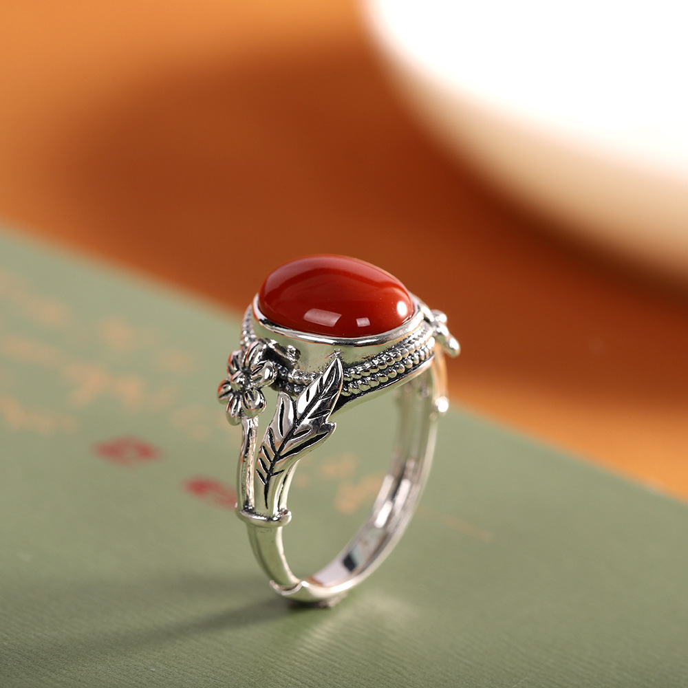 人品银品泰银复古手饰s925银镶南红玛瑙戒指开口指环花卉叶子花边