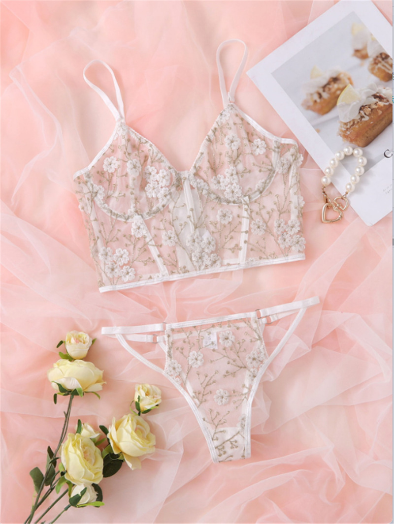 跨境外贸爆款性感绑带式刺绣花朵文胸内裤分体套装情趣内衣 2109