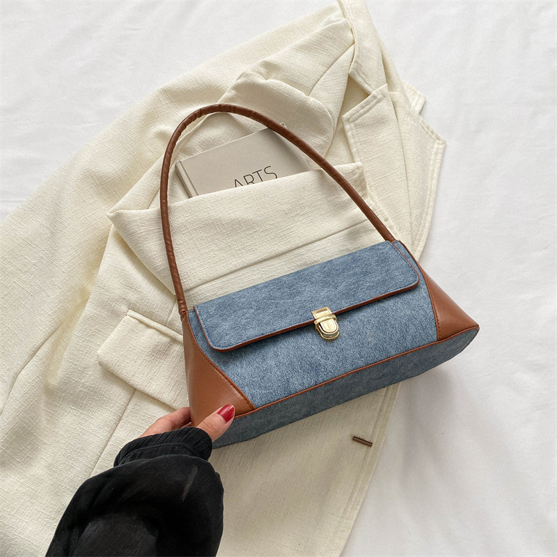 小众设计法式法棍包腋下包2023秋冬新款拼接包包撞色女包单肩包女