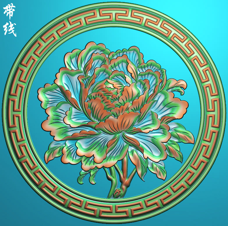 a精雕图圆形牡丹花餐椅背板圆盘牡丹浮雕图灰度木雕砂岩石雕刻图