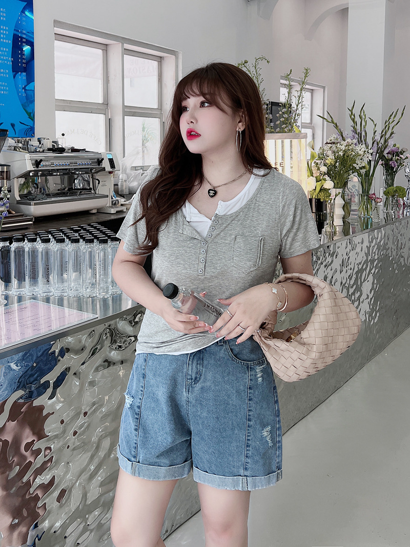 大码牛仔短裤胖mm200斤卷边破洞高腰宽松牛仔短裤一件代发n8368