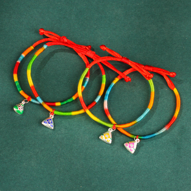 抢端午节五彩绳搭配足银粽子配饰手绳 diy手工串珠小粽子编织手链