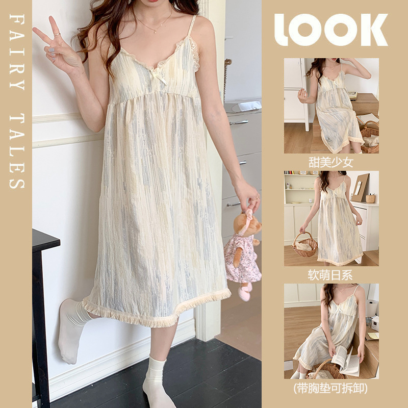 Cross-Border Pajamas Summer Pure Desire Style Bubble Cotton Slip Nightdress Female Sweet Cute with Chest Pad Home Wear Can Be Worn outside