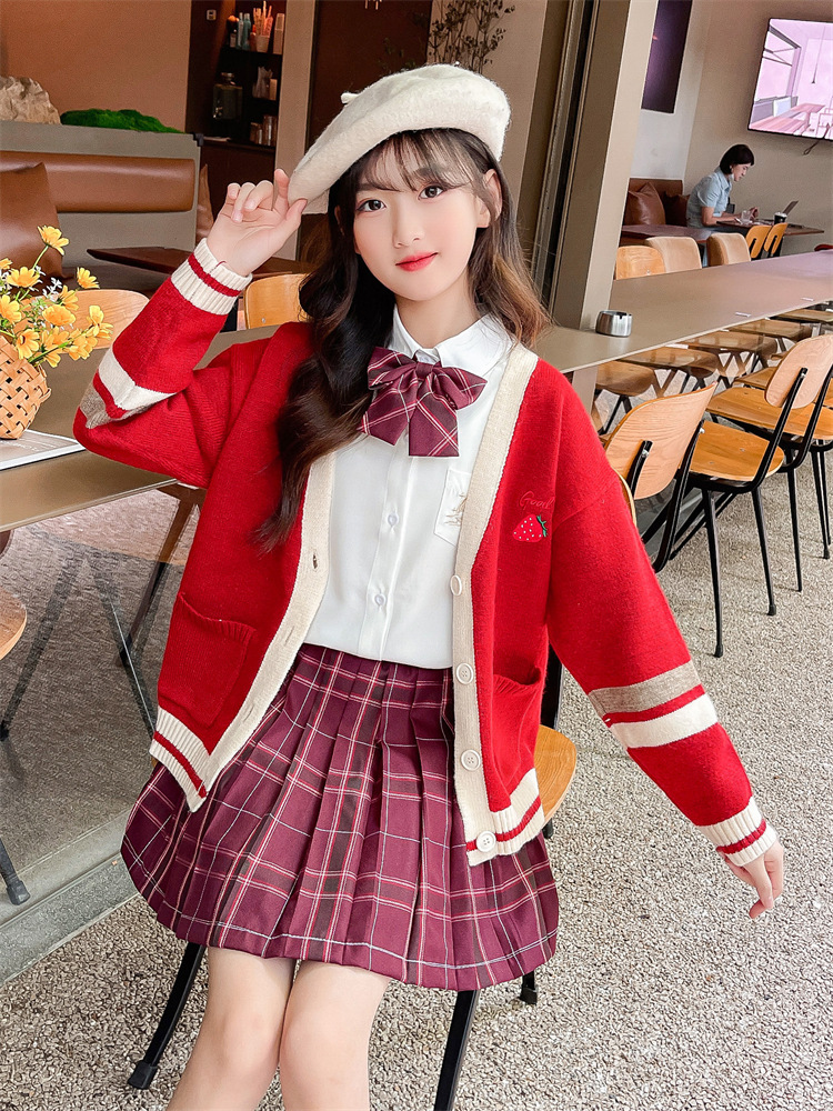 女童jk制服套装百褶裙子秋冬季儿童装学院风红色毛衣连衣裙三件套