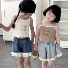 瑜瑜公主 女童夏季新款韩版兔子印花吊带衫 女宝宝蕾丝花边短上衣