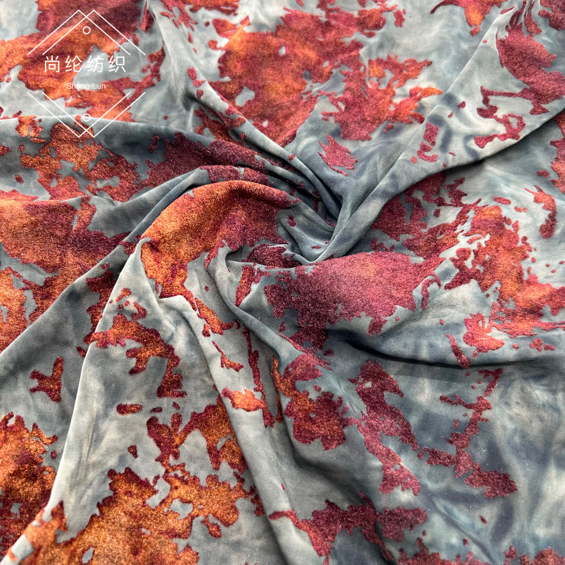韩国绒烂花地图 网纱双色烧花丝绒 新中式旗袍礼服连衣裙上衣面料
