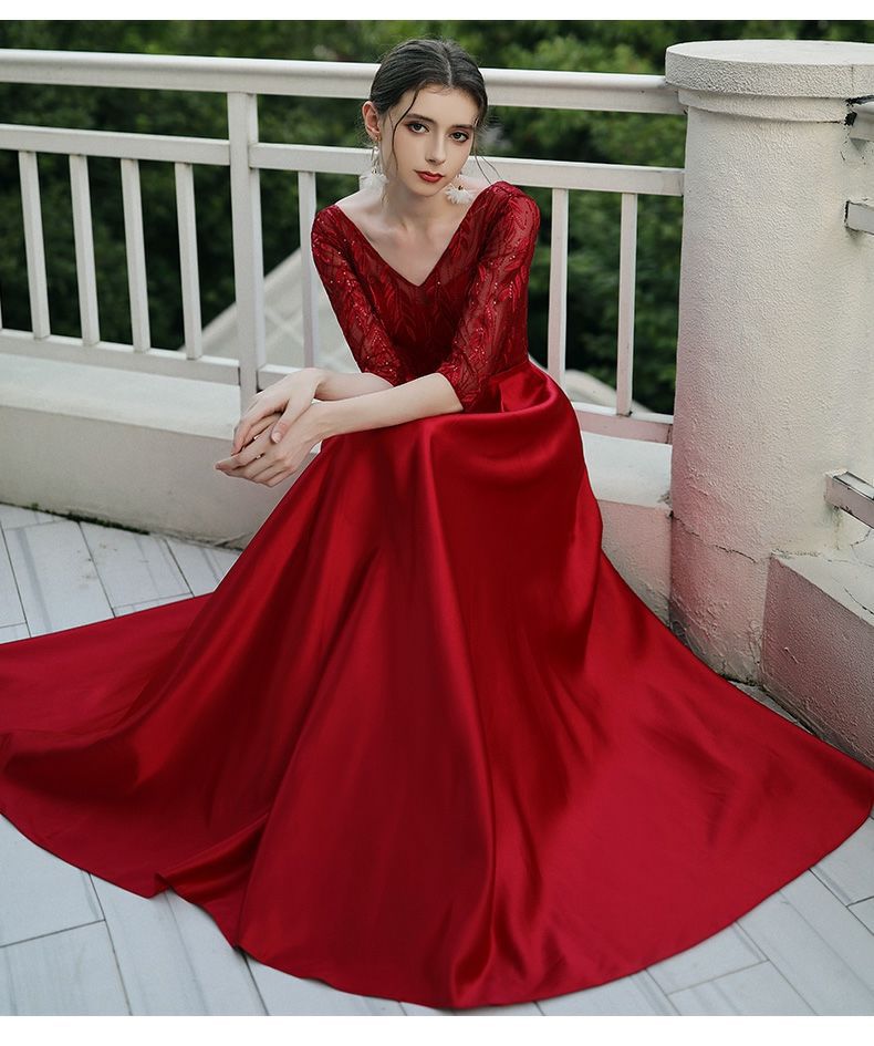 大合唱团演出服连衣裙女主持气质缎面伴娘服长款敬酒服宴会晚礼服