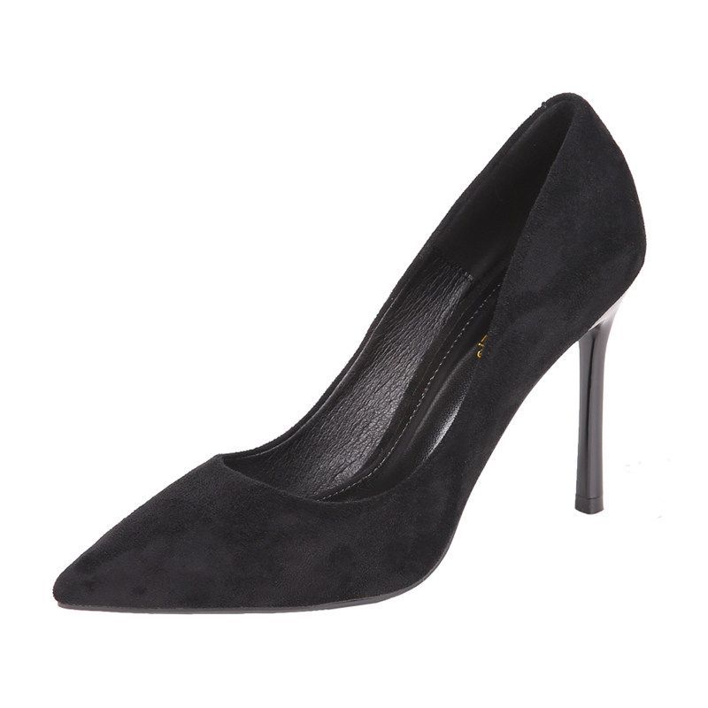 高跟鞋女秋冬新款加绒单鞋黑色浅口尖头跟细跟百搭单跟鞋