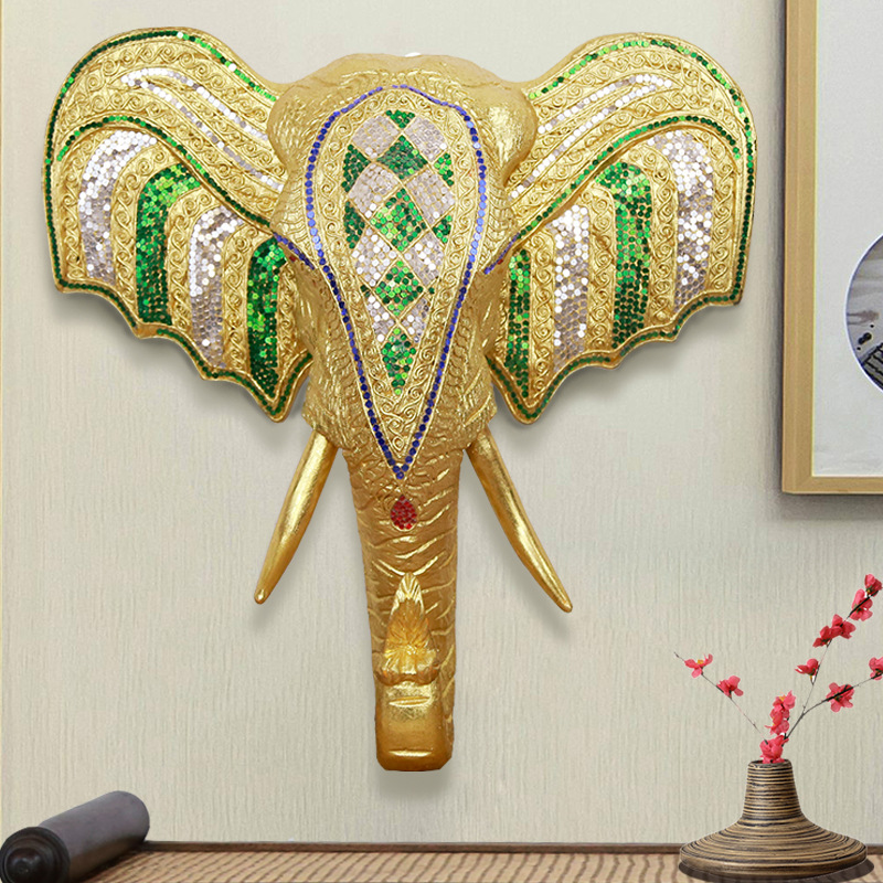 东南亚风格墙面装饰品门口玄关泰国木雕大象挂件墙饰金色象头壁挂