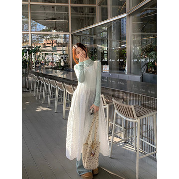 韩系白色吊带连衣裙女早春蕾丝叠穿罩裙背心纱裙海边度假外穿长裙