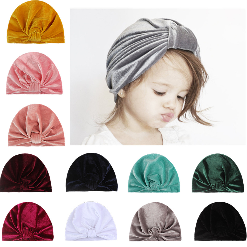 欧美爆款跨境专供金丝绒打结儿童印度帽男女宝宝胎帽婴儿帽子秋冬