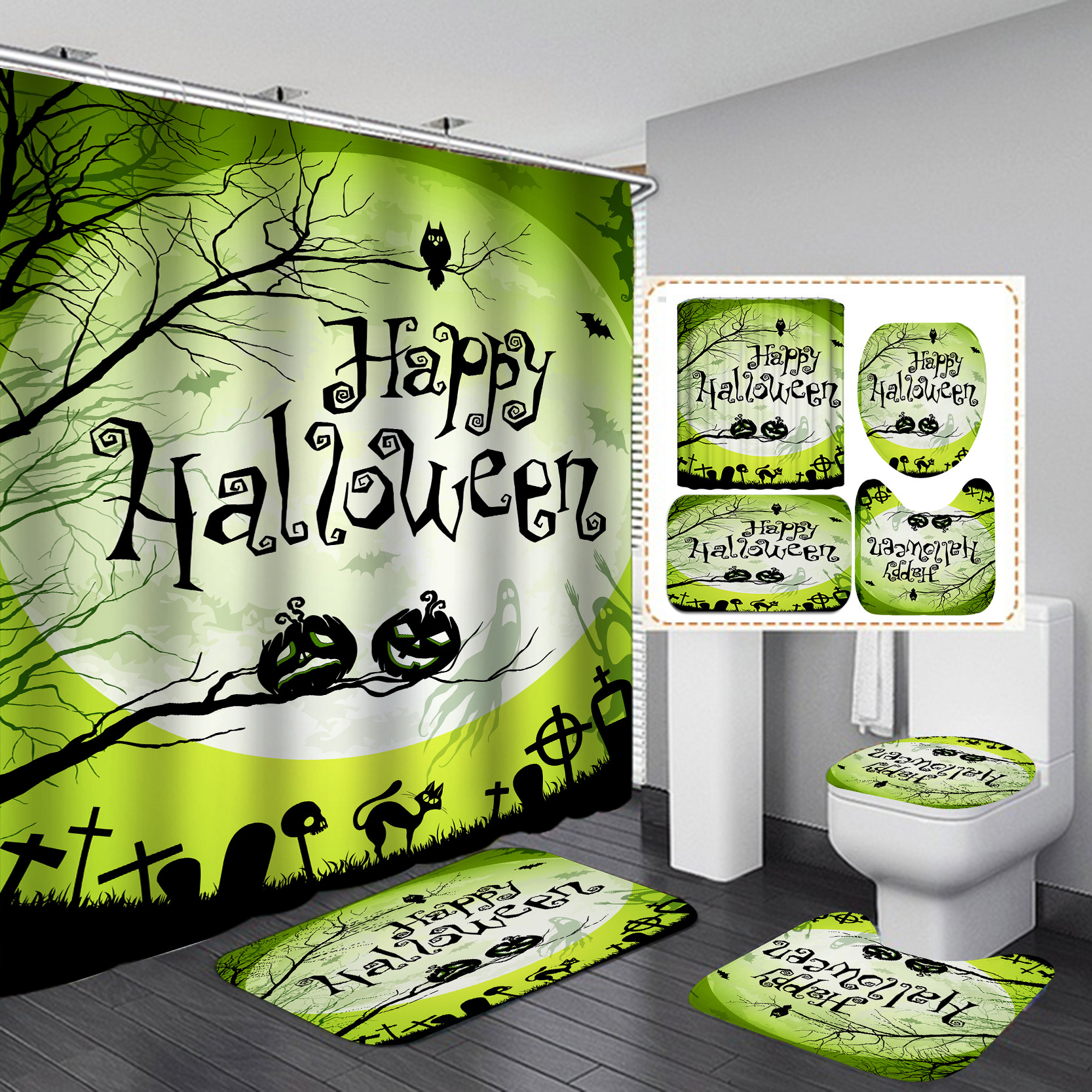 Halloween Series Shower Curtain Set HD Digital Printing Waterproof Punch-Free Partition Curtain Hotel Rain Curtain