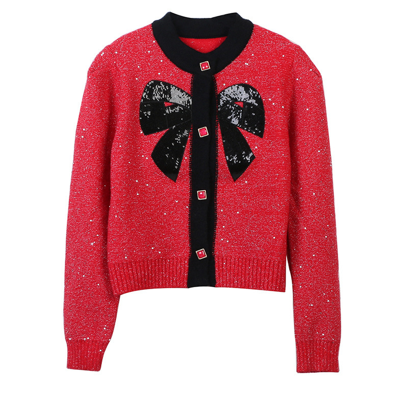 Sweet Sweater Women's Cardigan 2023 Autumn and Winter New Sequined Bow round Neck Long Sleeve Loose Temperament Knitted Cardigan