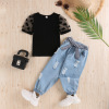 2022 summer new pattern girl pure cotton Hang Article Dot Jacobs T-shirt Washed hole Beam port Jeans Three