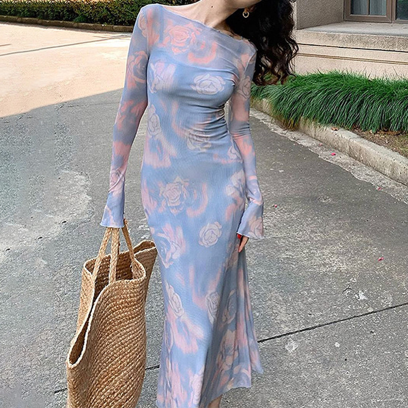 pc015双层透视高腰吊带a字裙网纱印花渐变长裙夏季百搭性感连衣裙