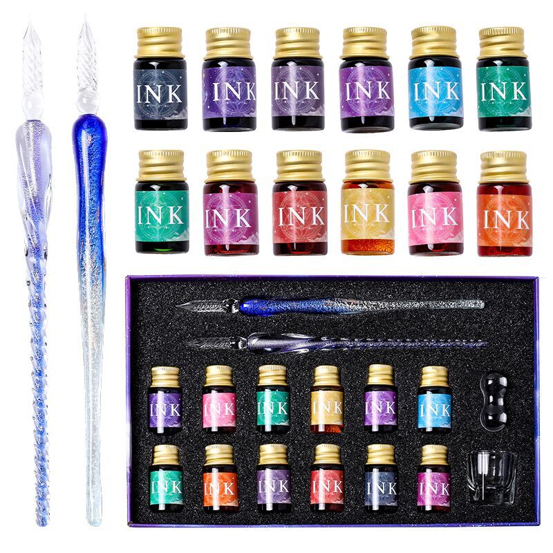 Glass Pen Dipped in Water Set Crystal Pen Gift Box Student Handmade Creative Stationery Ink Pen Glass Water Pen