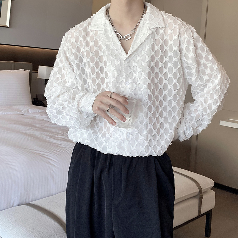 Spring and Autumn Young Abstinence Special-Interest Design Hollow-out Long-Sleeved Shirt Men's Korean-Style Ruan Handsome Drape Very Fairy Hairdresser Shirt