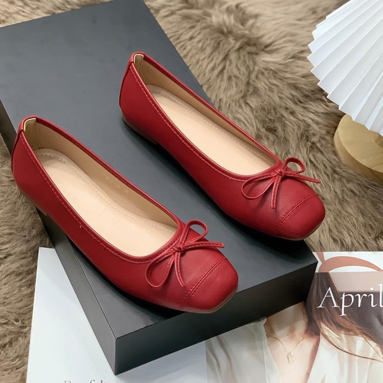红色单鞋女浅口软皮芭蕾舞鞋瓢鞋平底法式小红鞋豆豆鞋奶奶鞋婚鞋