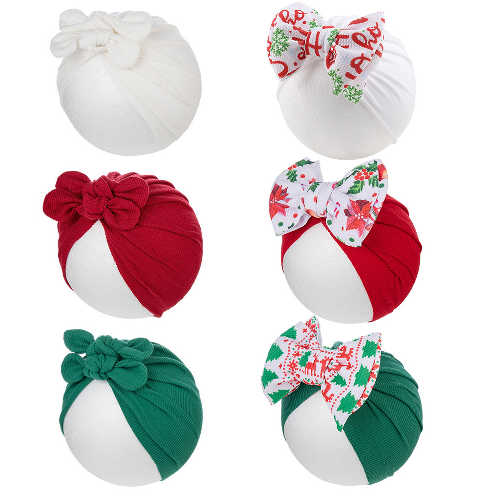2023 New Children's Color Matching Sleeve Cap Christmas Printing Bow Baby Indian Hat Cross-Border Autumn and Winter Babies'