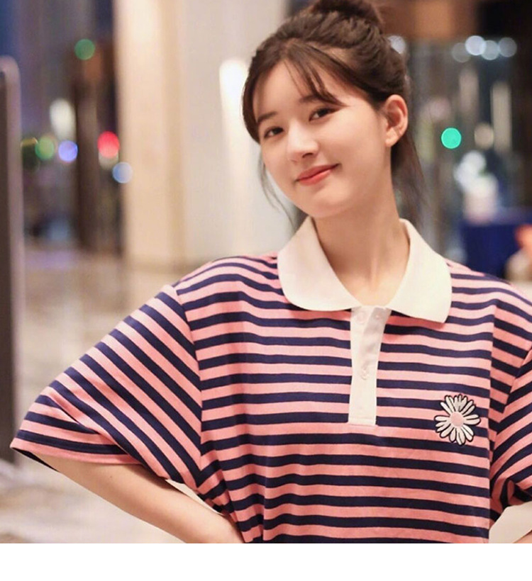 赵露思明星同款夏宽松国潮藏青粉条纹polo翻领短袖上衣情侣款bf风