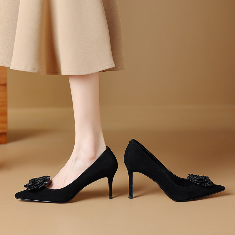 女鞋2024春夏季新款鞋子尖头细跟高跟鞋花朵气质正装宴会浅口单鞋