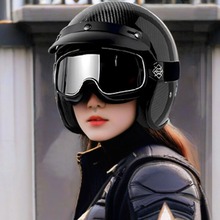 复古碳钎维巡航头盔摩托车四分之三盔机车半盔3C认证轻壳体帽