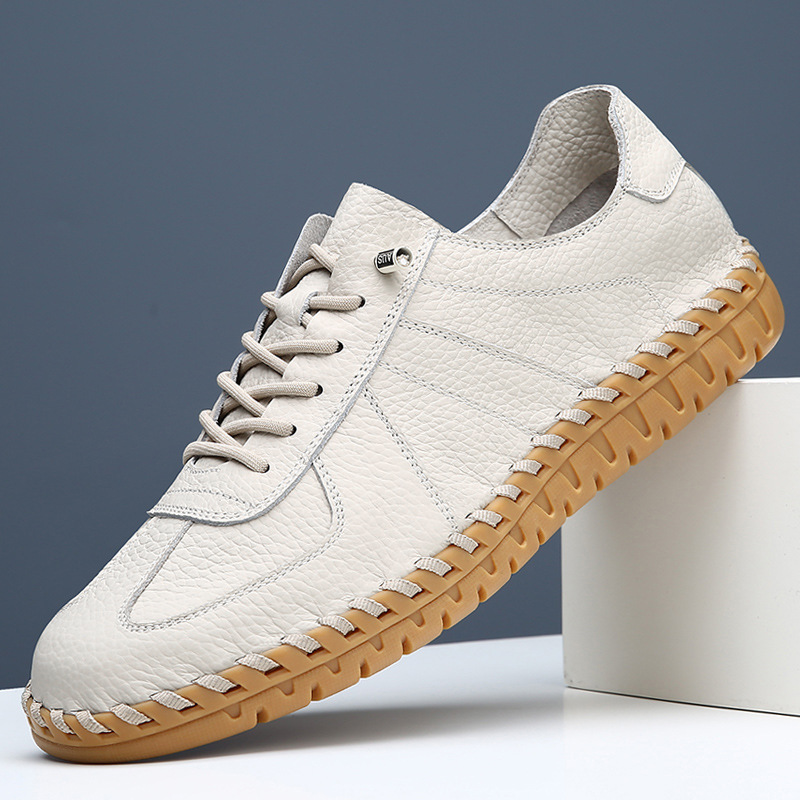 【 专利】 头层牛皮男士德迅鞋透气吸汗软底豆豆鞋无胶水手工缝包