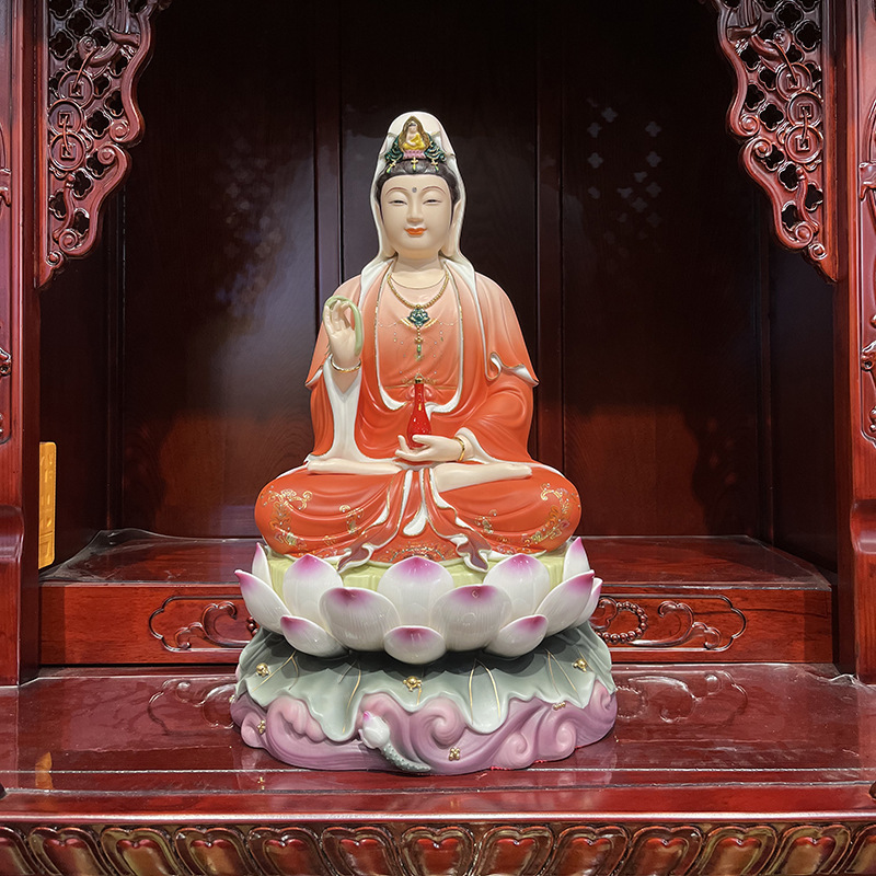 陶瓷坐莲观音佛像娑婆三圣摆件 家用供奉地藏王阿弥陀佛如来佛祖
