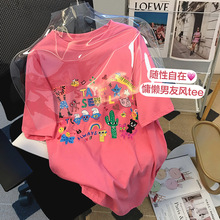 纯棉包领 粉色卡通印花中长款短袖女夏季宽松时尚减龄休闲中袖T恤