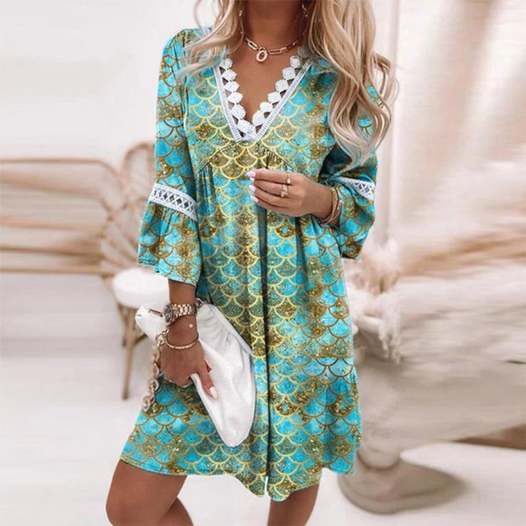 In Stock 2022 Europe and America Cross Border Spring V-neck Printed Lace Stitching Bohemian Casual Vacation Style Dress