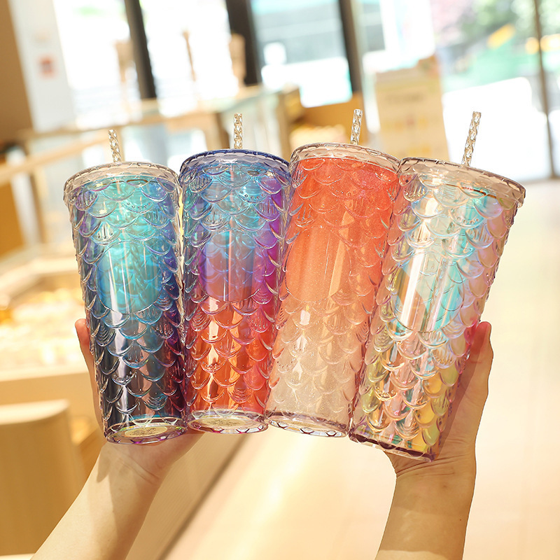 Factory Direct Sales 710ml Good-looking Summer Mermaid Ice Cup Colorful Plastic Double-Layer Cup with Straw Scale Cup