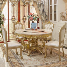 欧式圆餐桌椅组合大理石6人吃饭桌家用带转盘香槟金双层圆形餐台