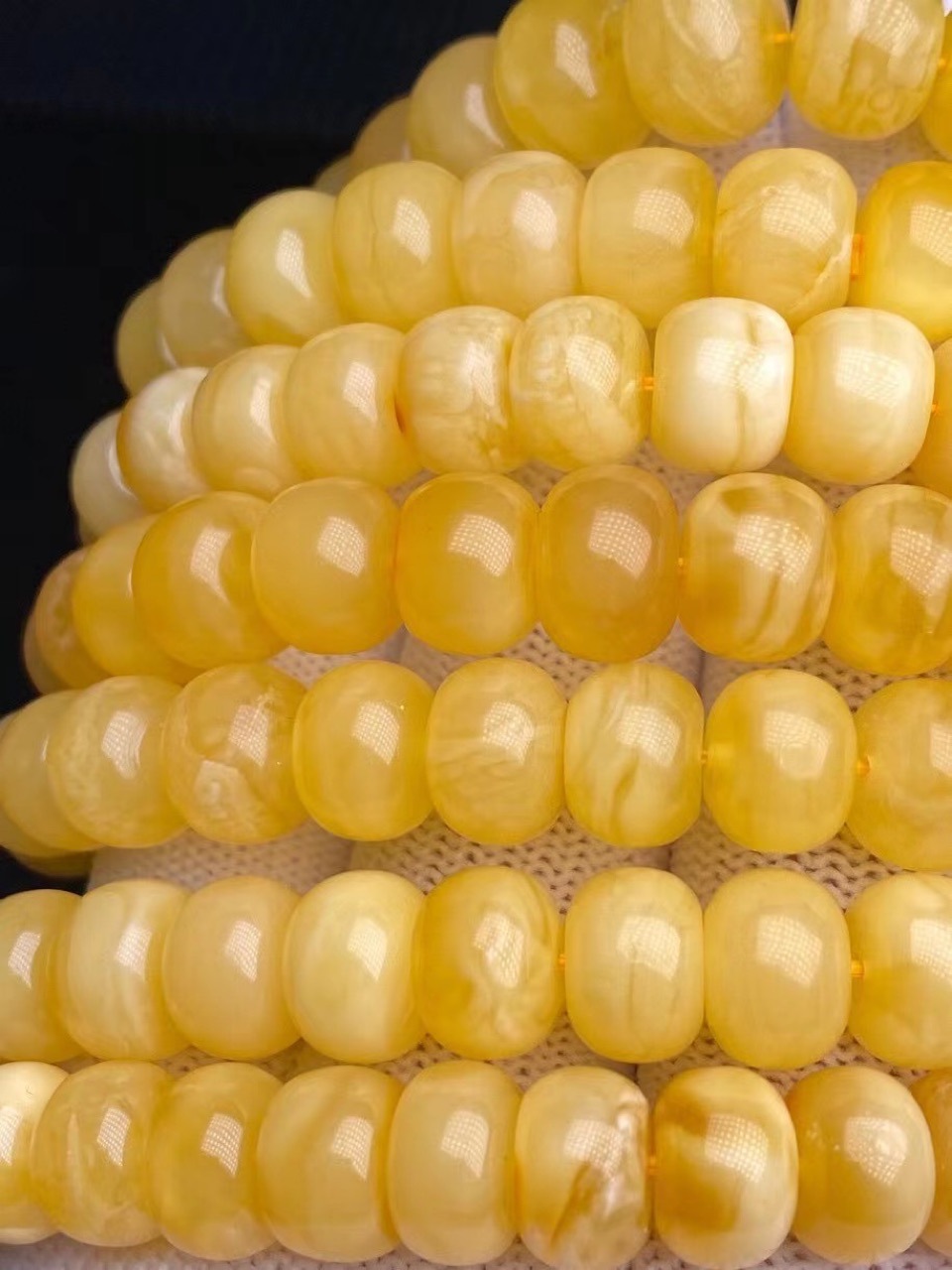 纯天然蜜蜡 俄料白花蜡 老型珠手串 蜡质浓郁 纹理清晰