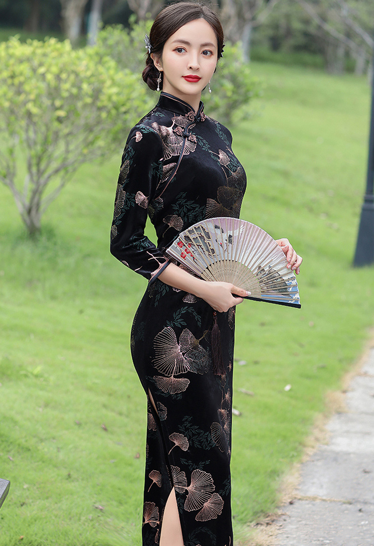 代发2021秋冬新款丝绒中袖旗袍妈妈修身长款大码演出礼服气质批发