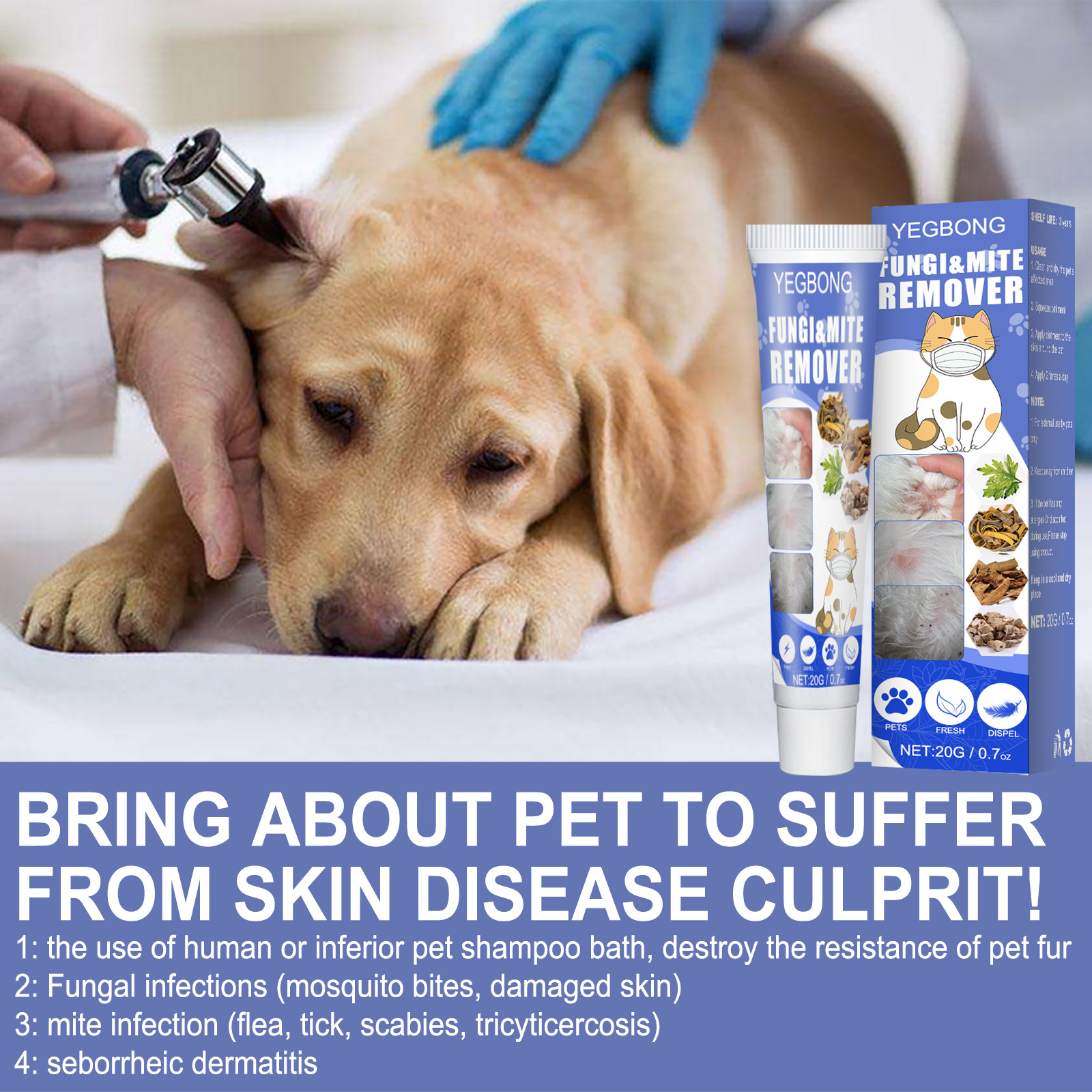 Yegbong Pet Anti-Mite Cream Pet Dog Skin Fungus Cat Ringworm External Care