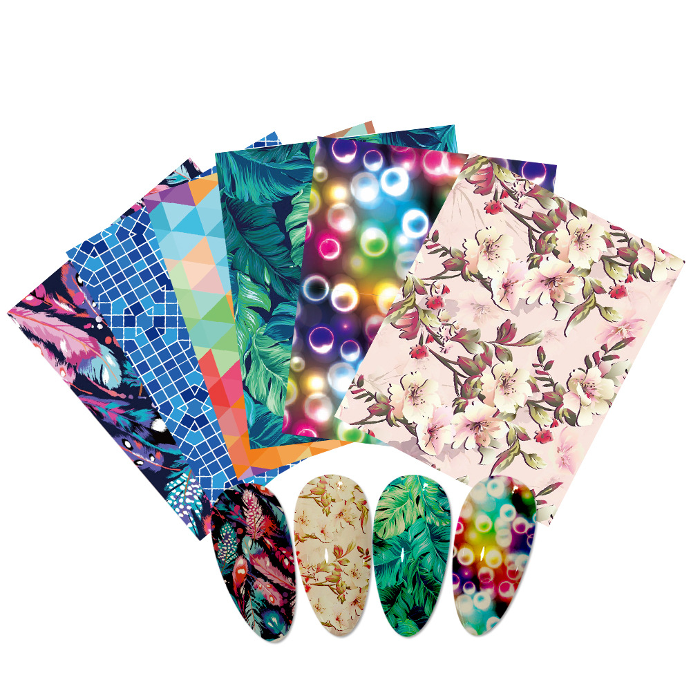 2022新款抽象异形水转印美甲贴纸 复古绿植花朵孔雀尾巴指甲贴花