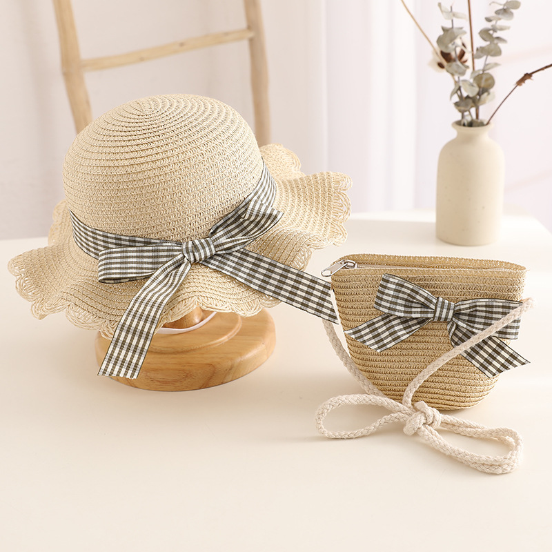 Hot Sale Children's Hat Bag Combination Bow Decoration Sun Protection Sunshade Photography Parent-Child Travel Sun Hat Straw Hat