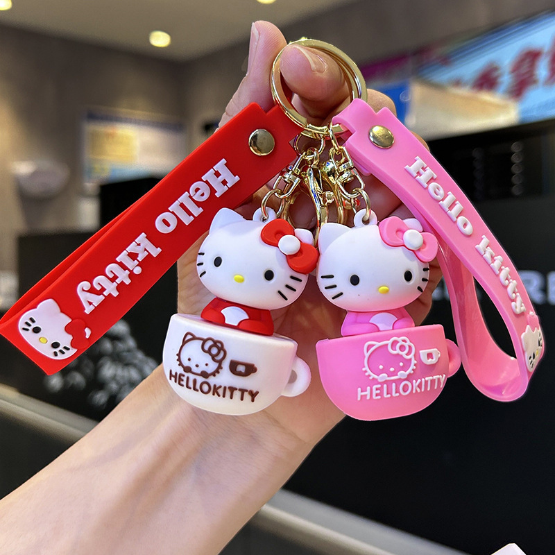 Factory Wholesale Tea Cup Hello Kitty Hello Kitty Cartoon Lovely Key Buckle Pendant Schoolbag Pendant Girl Student Pendant