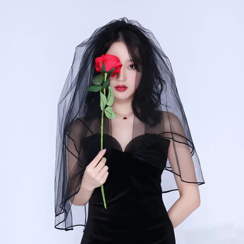 头纱头饰超仙森系网红拍照道具复古女韩式短款万圣节cos黑色头沙