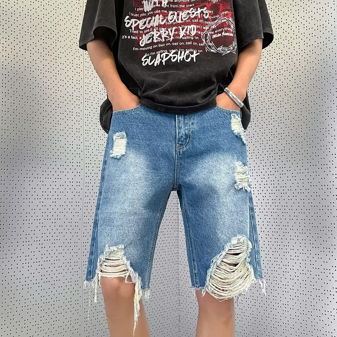 夏季新款ins破烂毛边牛仔短裤男水洗破洞5五分休闲乞丐裤子中裤潮