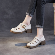 真皮凉鞋女夏季2023年新款白色复古粗跟镂空编织猪笼鞋平底单鞋子