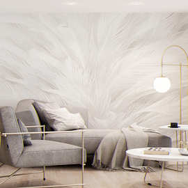 北欧电视背景墙壁纸简约现代墙纸客厅白色羽毛定制壁画影视墙布