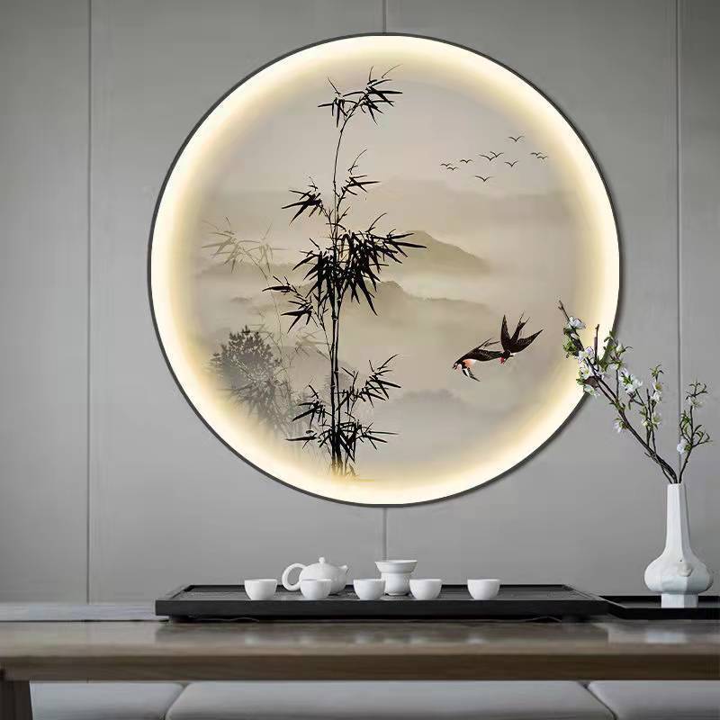 圆形山水画茶室挂画招财新中式装饰画客厅沙发墙壁餐厅画禅意过道