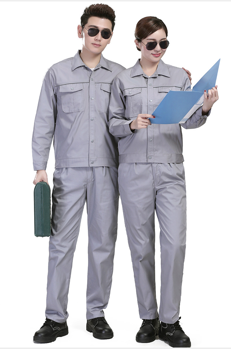 涤棉细斜纹工作服长袖套装工厂车间劳保工装侧缝包边工艺制服夏季