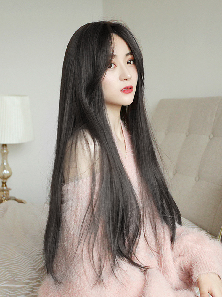 跨境专供欧美假网红发八字刘海长直发高温化纤丝源头厂家批发wigs