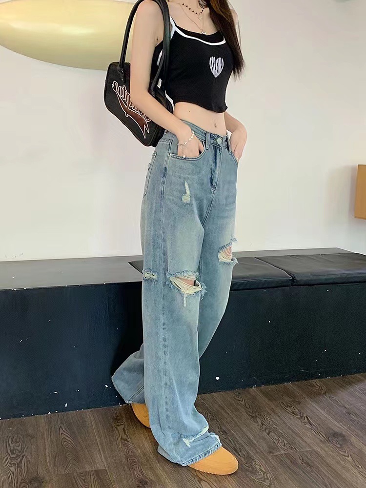 Retro Tattered Jeans Jeans Women's Summer Straight Fashion plus Size Fat Sister Loose High Waist Slimming Mop Wide Leg Pants