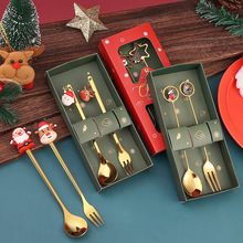 L创意圣诞勺子套装  可爱叉勺两件套 圣诞老人勺两件套甜品套装礼
