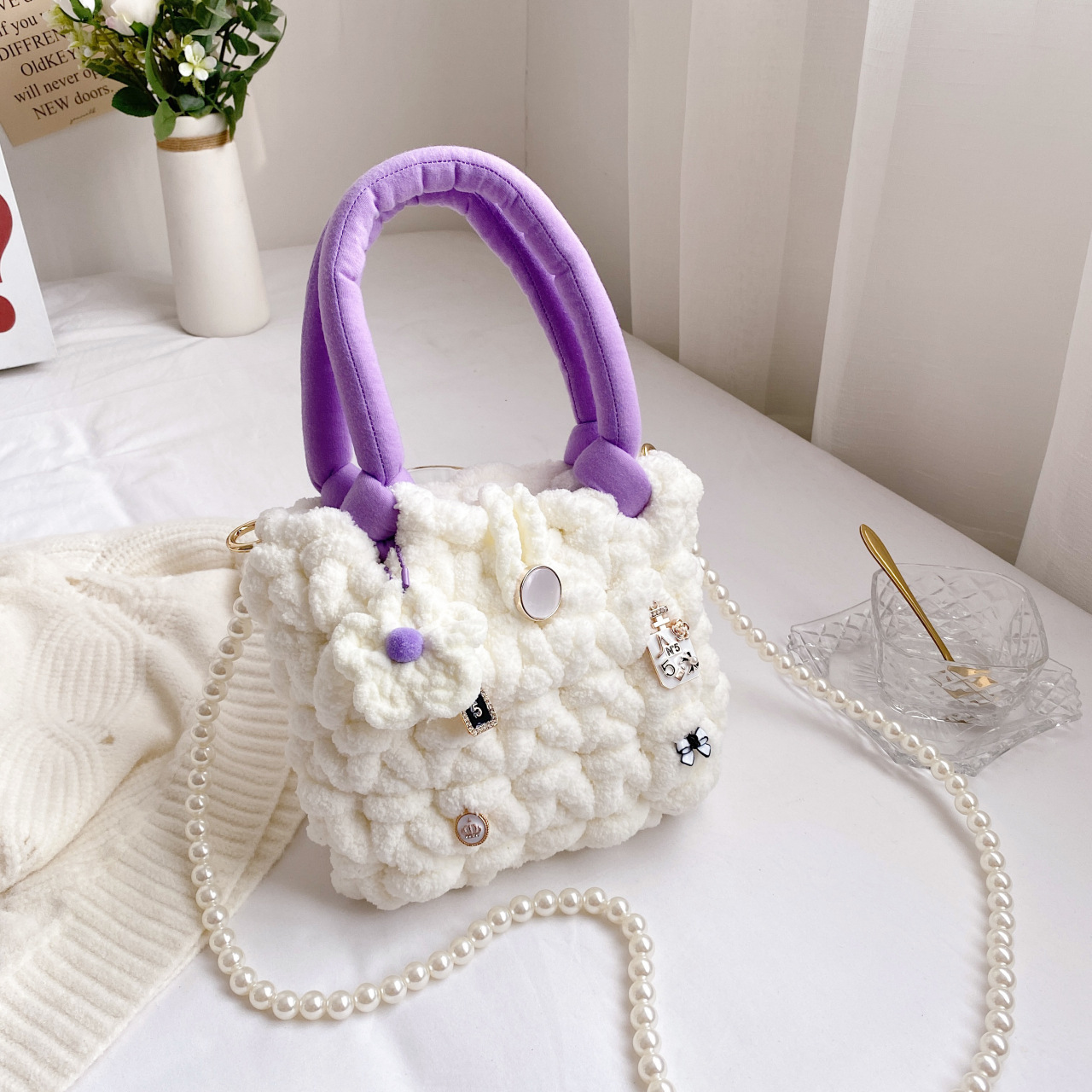 New Cotton Candy Cloud Bag DIY Hand-Woven Bag Homemade Gift for Girlfriend Bag Ice Bar Wool Material Bag