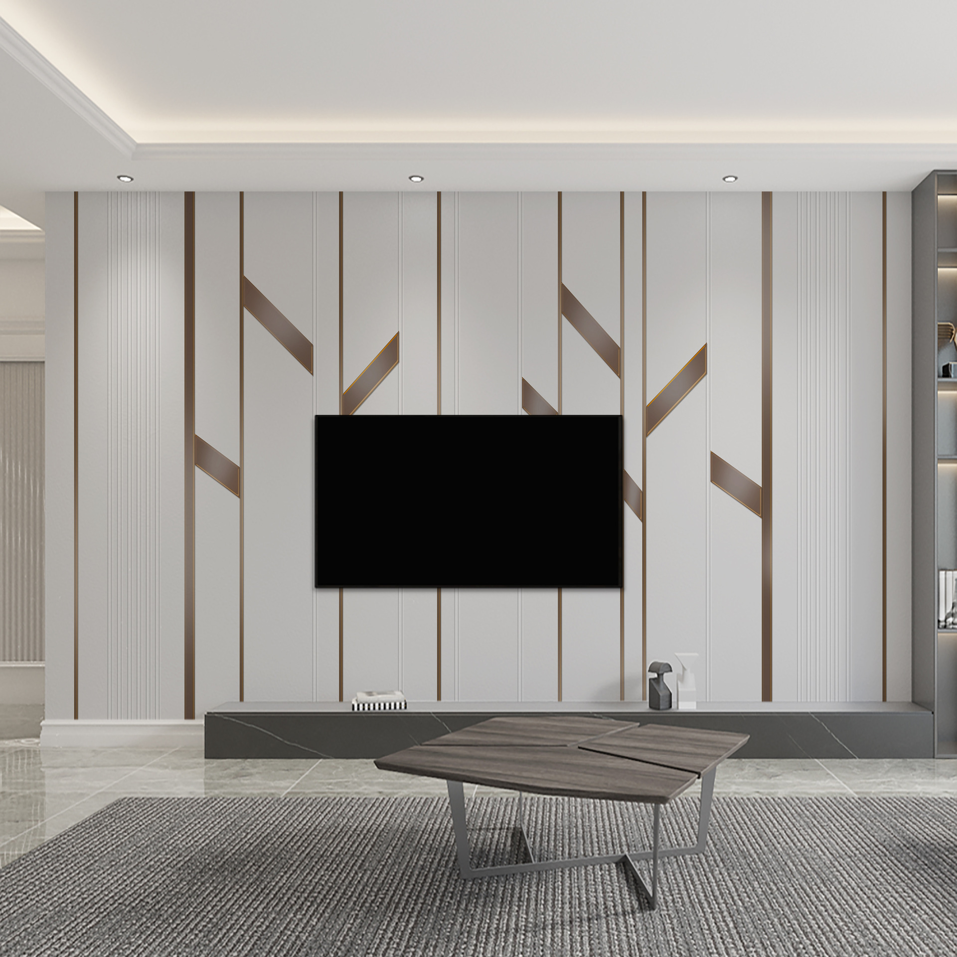 电视背景墙壁纸墙布2021新款装饰客厅简约轻奢风线条格栅影视壁画