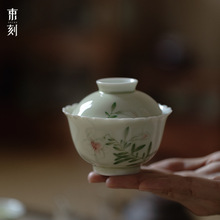 束刻果青手绘菊口盖碗单个陶瓷釉下彩复古功夫茶具高档泡茶送礼